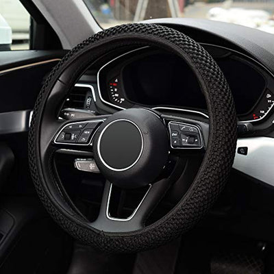 KAFEEK Elastic Stretch Steering Wheel Cover,Warm in Winter and Cool in Summer, Universal 15 inch, Microfiber Breathable Ice Silk, Anti-Slip, Odorless, Easy Carry,Black